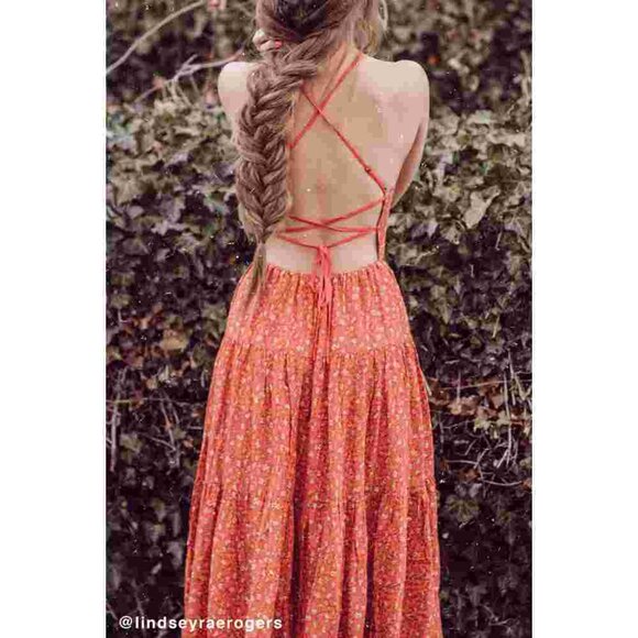 Urban Outfitters UO Sparks Fly Tiered Midi Dress Red Orange Lace Up Back Size M - Picture 1 of 8